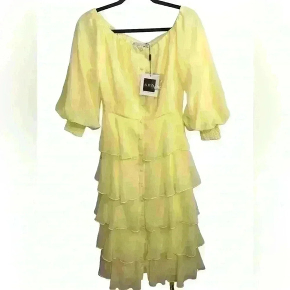 Alieva Dorra Chiffon Midi Dress Size Small Yellow Ruffle Sexy Girly Wavy - Picture 9 of 14